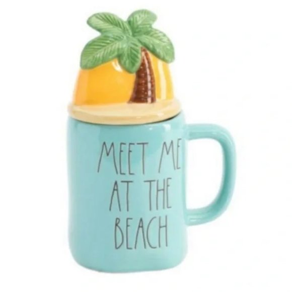 Rae Dunn Meet Me At‎ The Beach Mug With Palm Tree Topper 🏝 - Picture 1 of 2